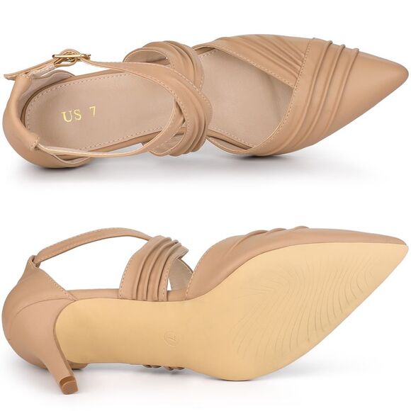 Women's Slouches Cross Strap Pointed Toe Stiletto Heels Pumps Nude - Picture 4 of 5